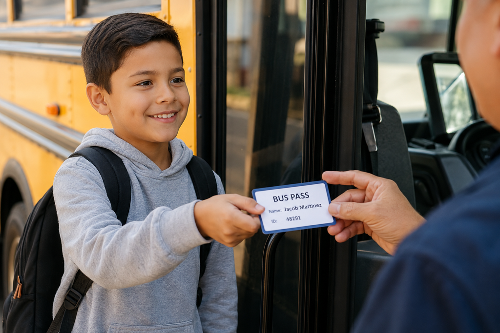 No words, just a picture of a student showing the bus ID