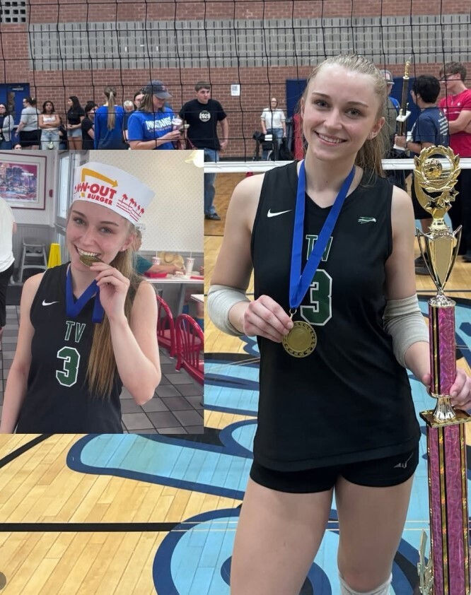 A young woman in a black jersey holds a gold medal and trophy, smiling. She poses with a hat and medal in a collage.