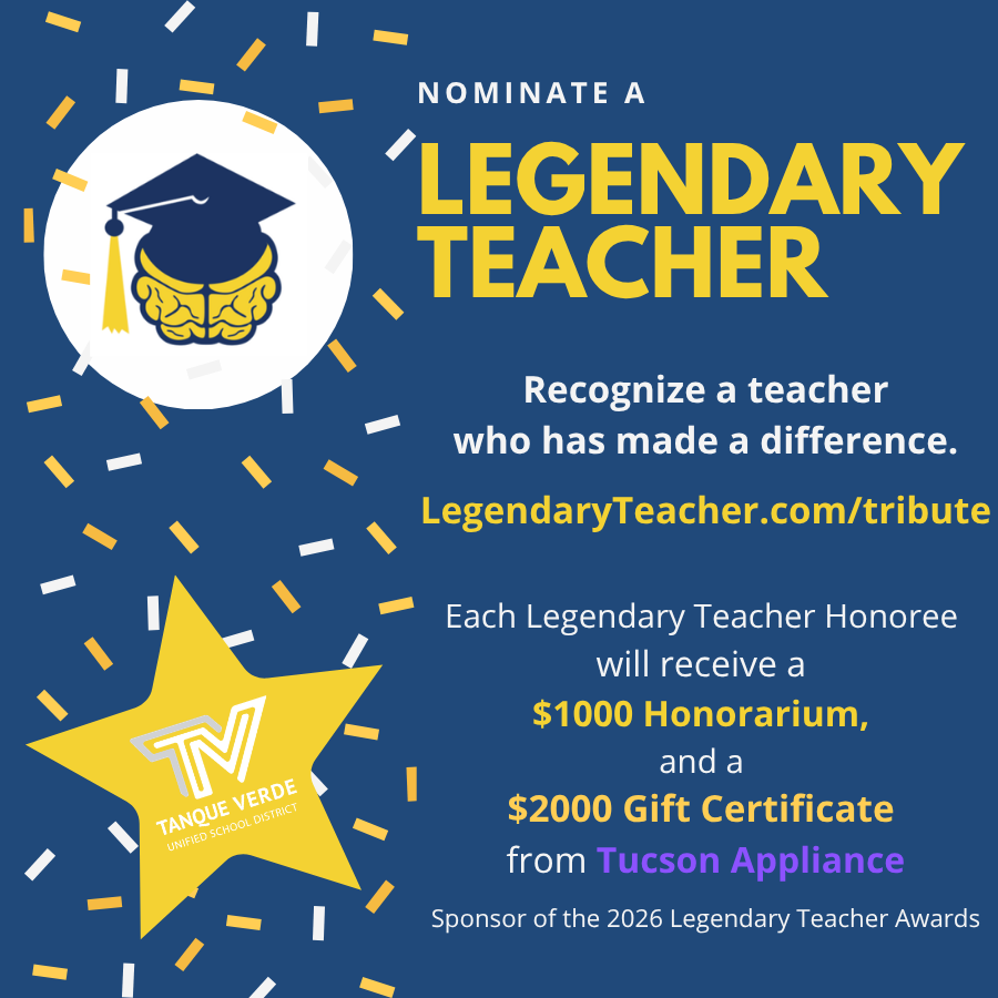 Blue background with yellow star and text. "Nominate a Legendary Teacher" and "Recognize a teacher who has made a difference."