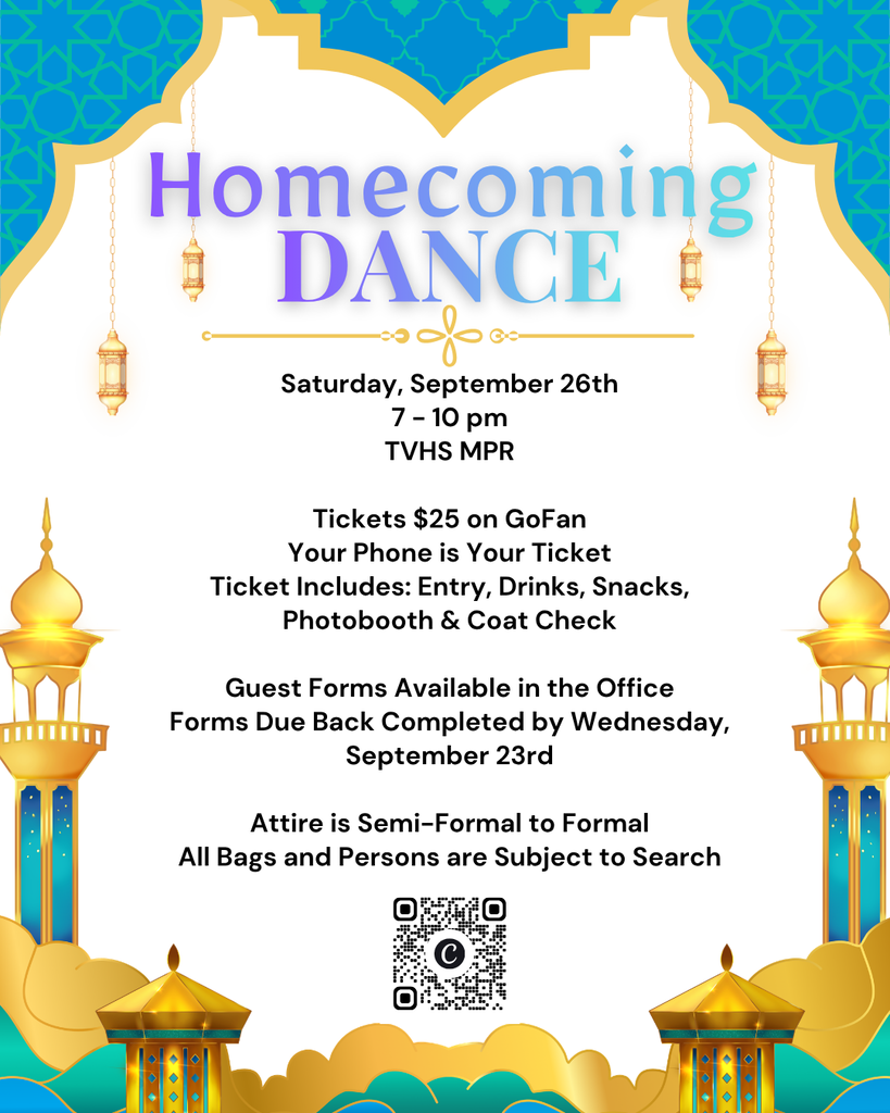 Homecoming dance event on September 26th from 7-10 pm. Tickets $25 on GoFan. Entry, drinks, snacks, photobooth, coat check included. Semi-formal attire. Guest forms due September 23rd.