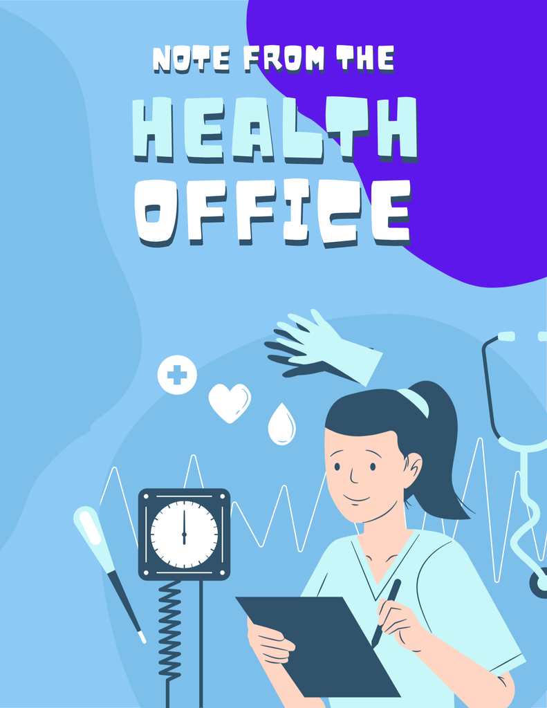 Illustration of a medical office note with a female doctor holding a clipboard, stethoscope, and medical tools on a blue background.