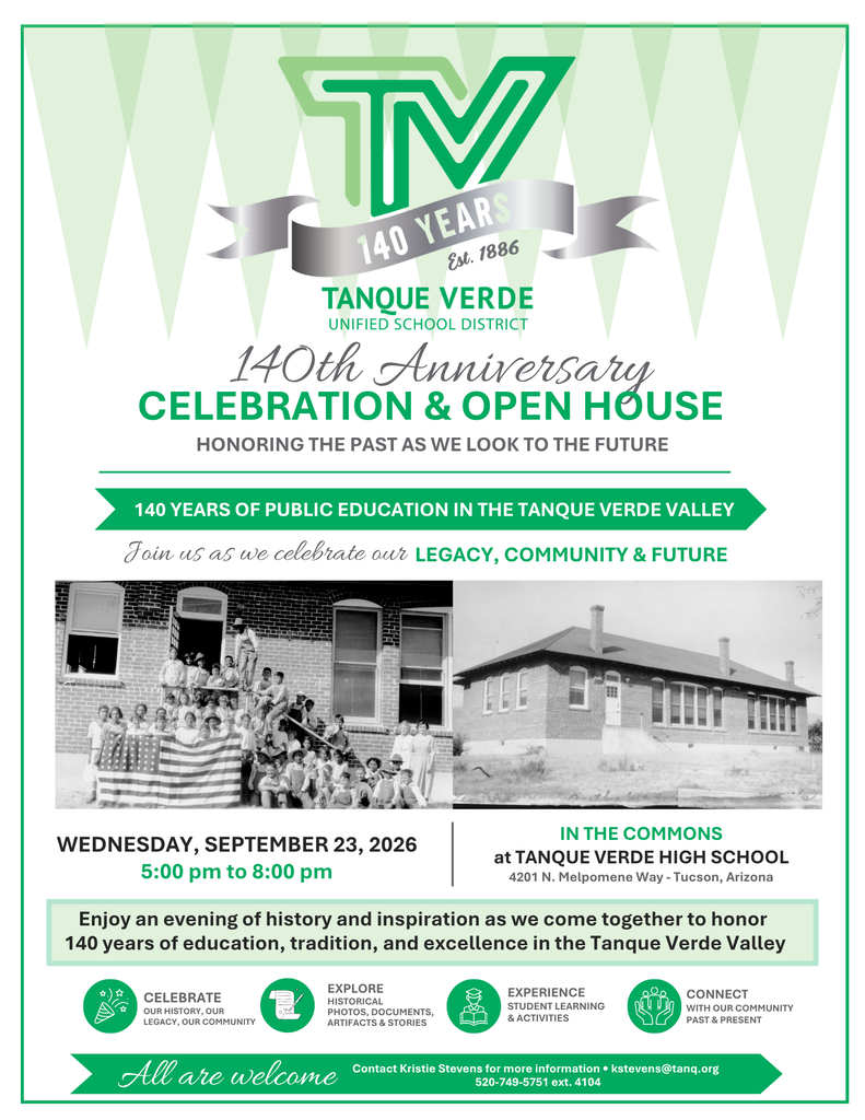 Flyer with "Tanque Verde 140th Anniversary & Open House" header, a photo, and details about the event.