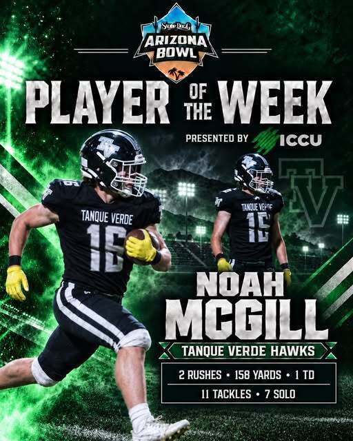 Poster showing two football players in action. One player wears jersey number 16 and holds a football. Text reads: Player of the Week.