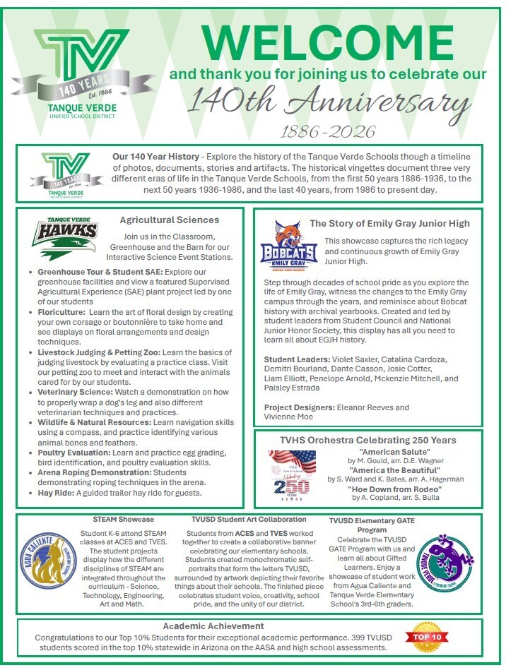Green and white document with white text reading "Welcome" at top. Sections include "TV 140th Anniversary" and "TV Tanque Verde 1858-2020".