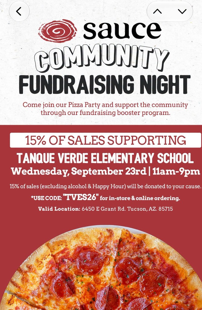 An advertisement for Sauce Community Fundraising Night features a pizza image. Text reads, "15% of sales supporting Tanque Verde Elementary School."