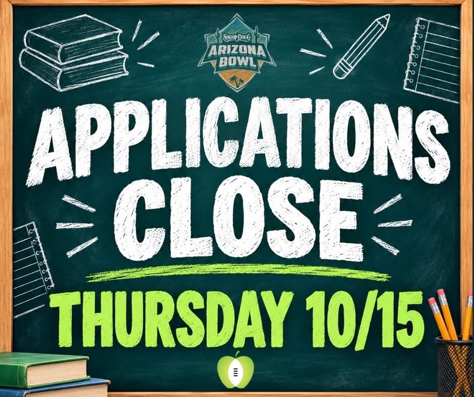 Blackboard with "APPLICATIONS CLOSE" in white and green letters. Below, "THURSDAY 10/15" is written. School supplies are in the foreground.