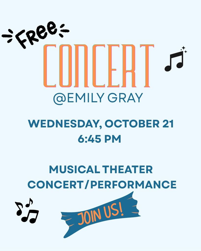 Light blue poster. "Free" in orange and white letters above "Concert" in orange. "Musical theater concert/performance" in blue. Date and time below. Music notes and ribbon.