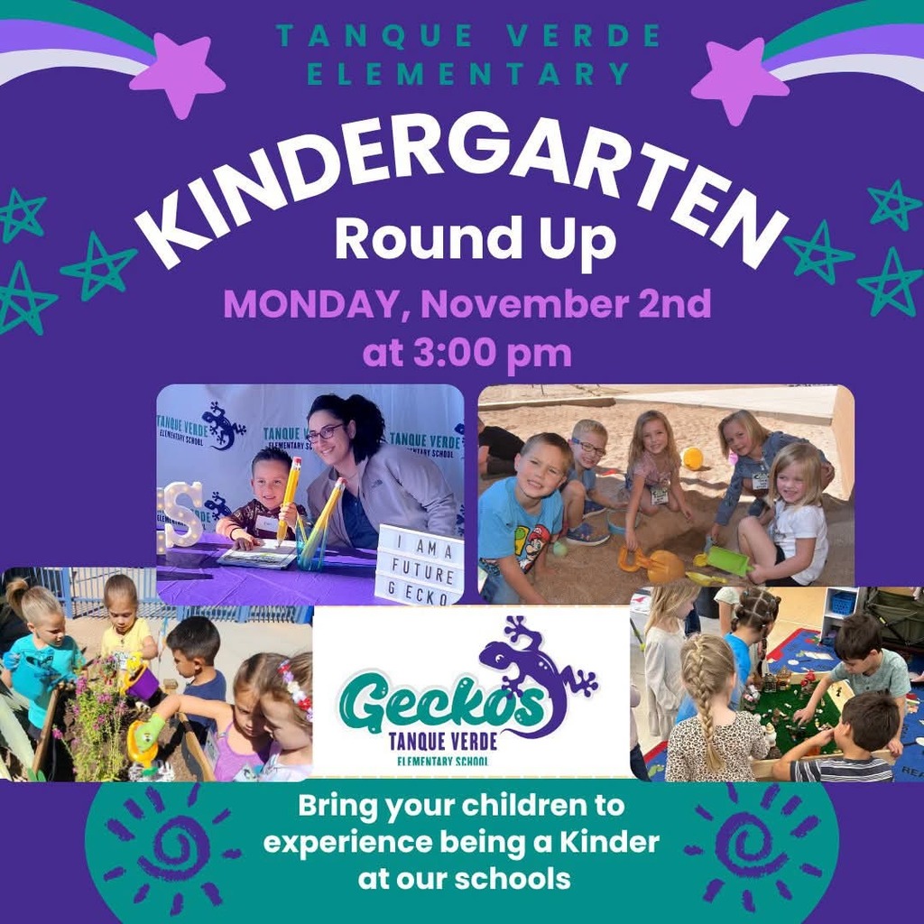 Kindergarten Round Up flyer with images of young children at a table, playing with sand, and interacting with adults.