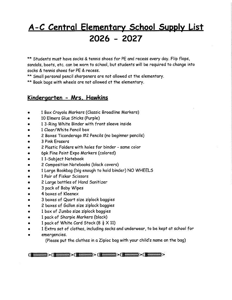 2026-2027 A-C Elementary School Supply List Pg. 1