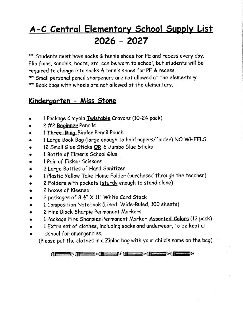 2026-2027 A-C Elementary School Supply List Pg. 2