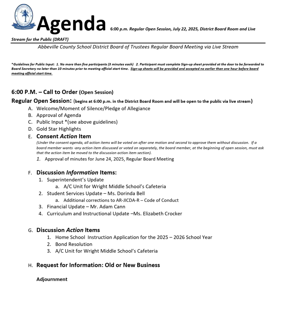 july 22 agenda