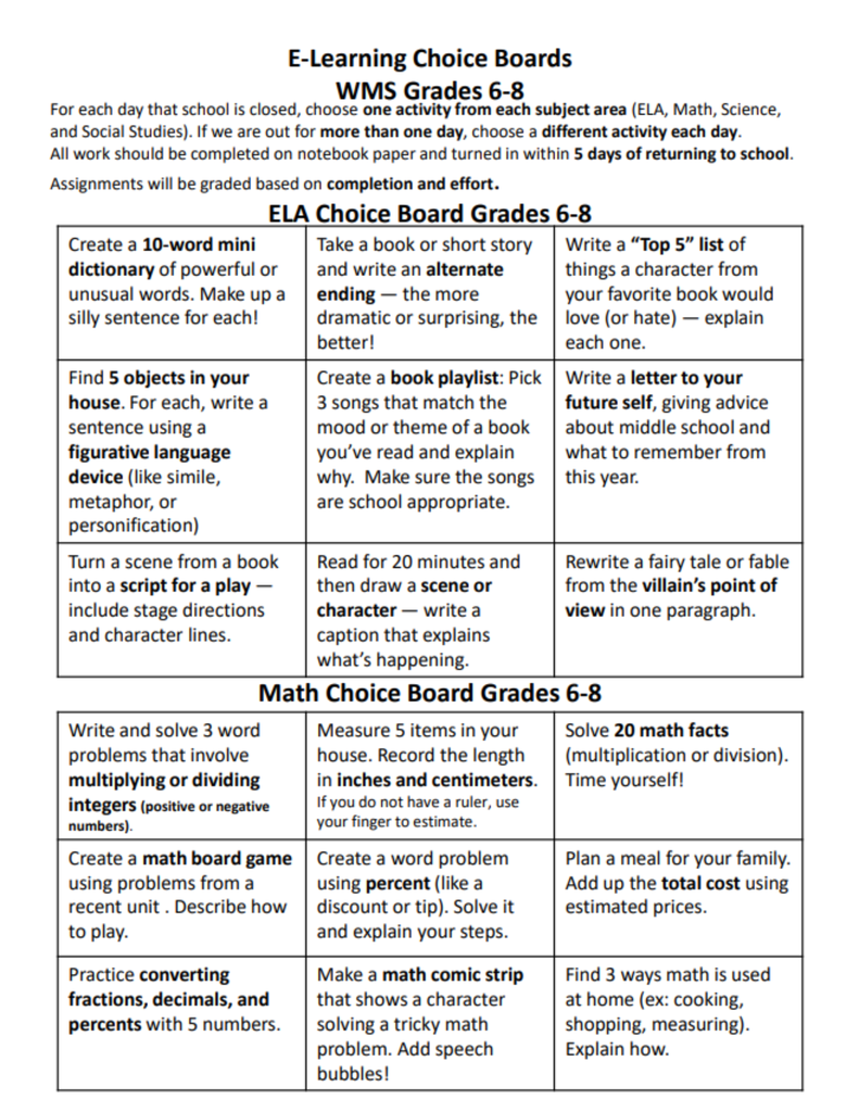 WMS E-Learning Choice Boards