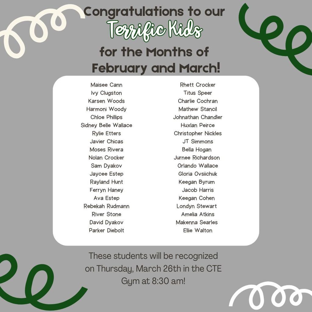 Terrific Kid Announcement for Feb and March