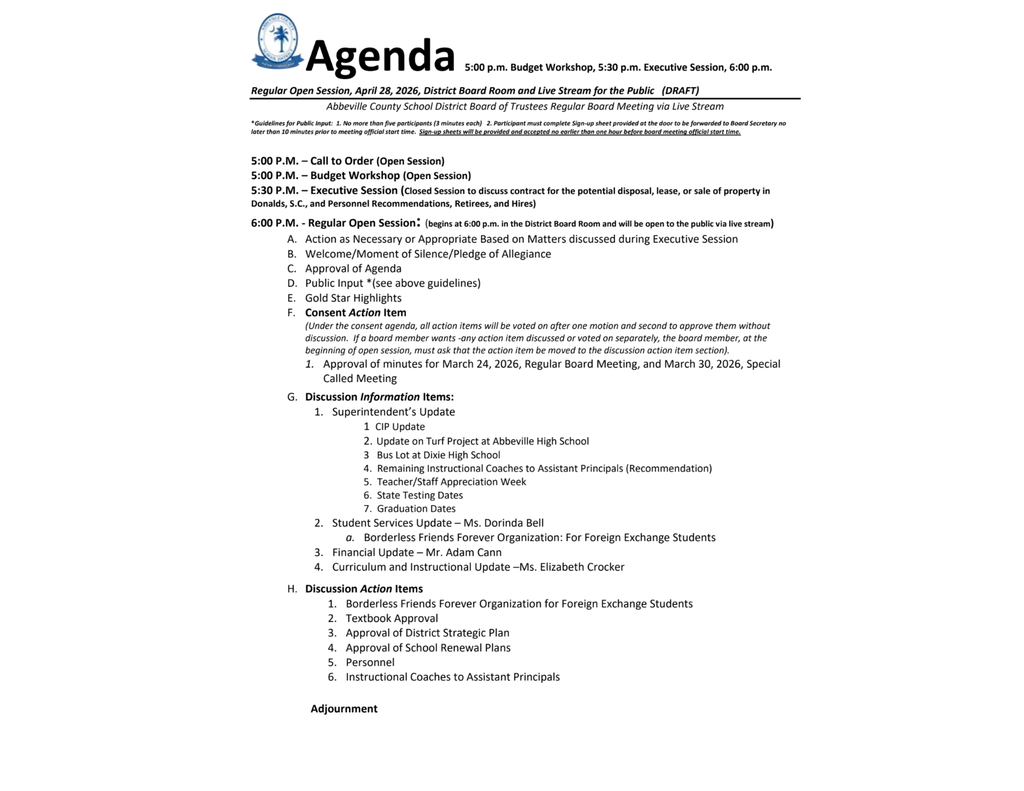 april 28 agenda