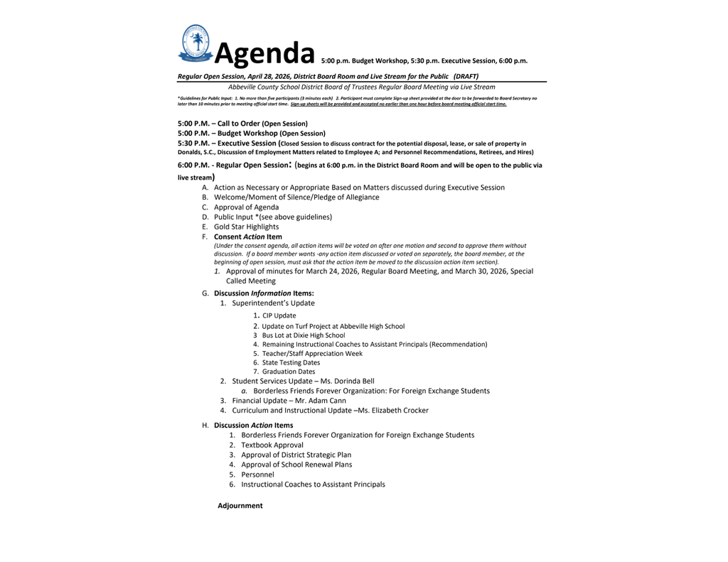 april 28 agenda