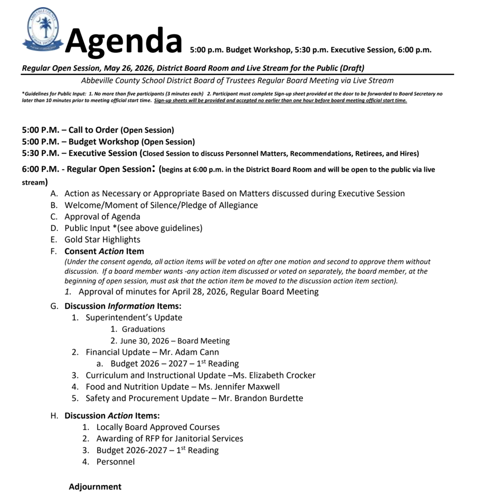 may 26th agenda