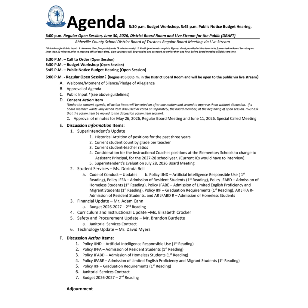 june 30 agenda