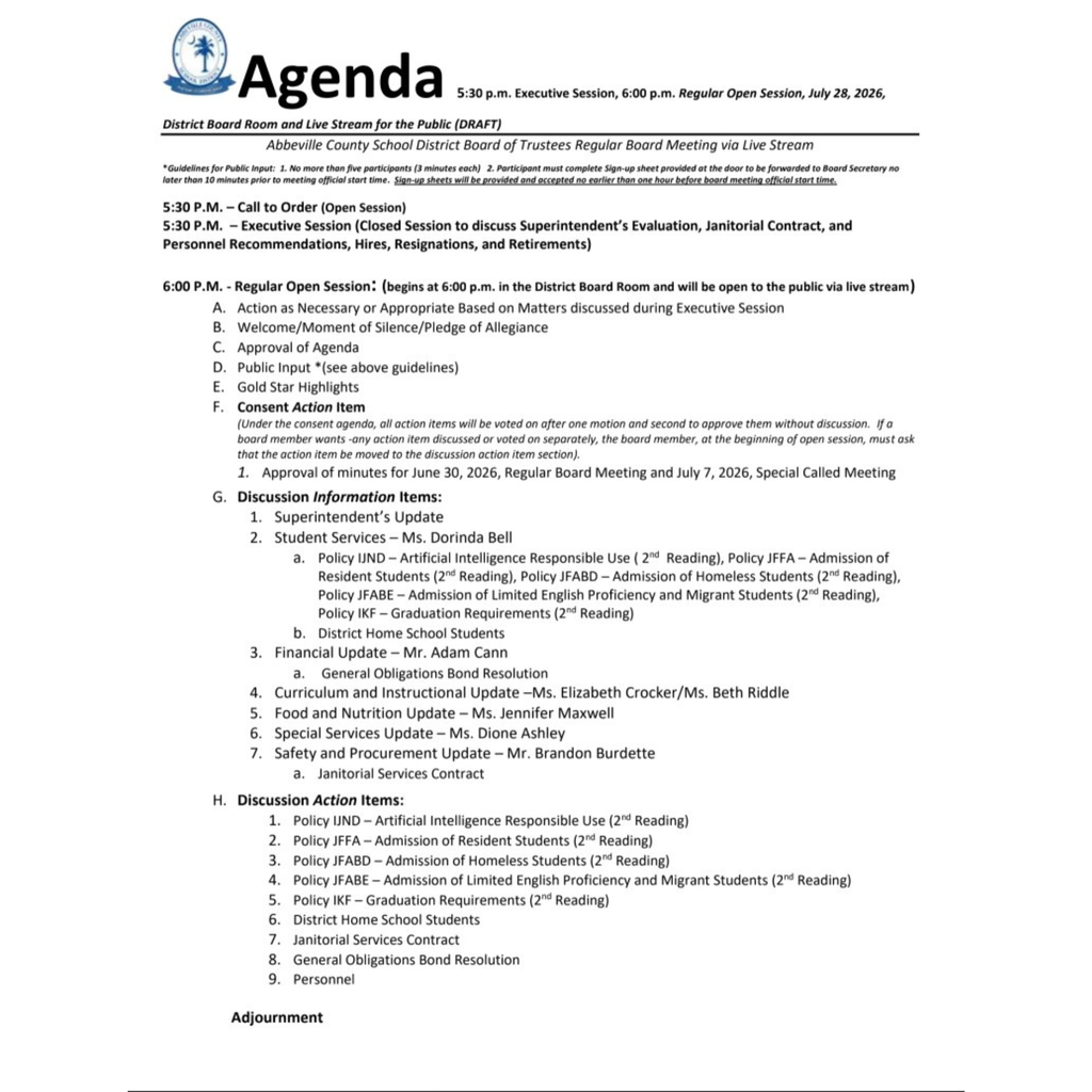 july 28 agenda