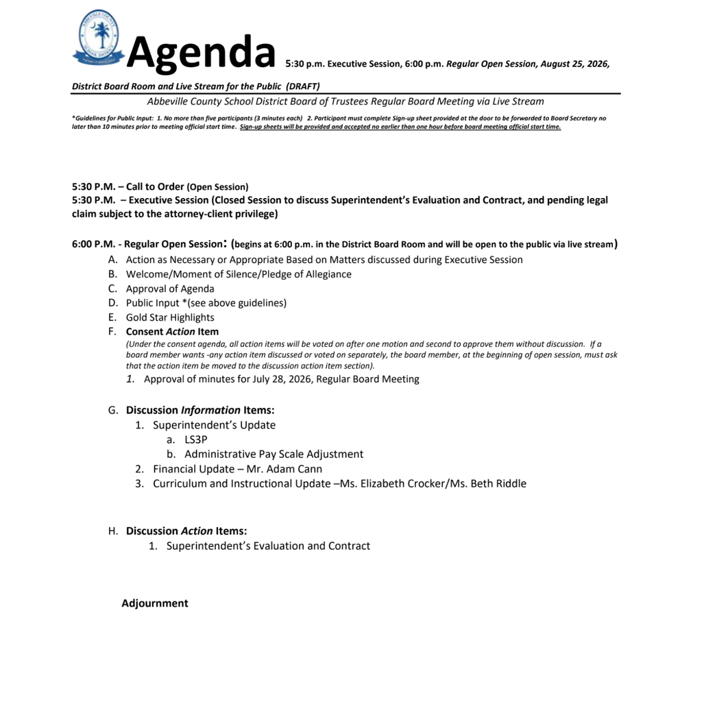 august 25 agenda