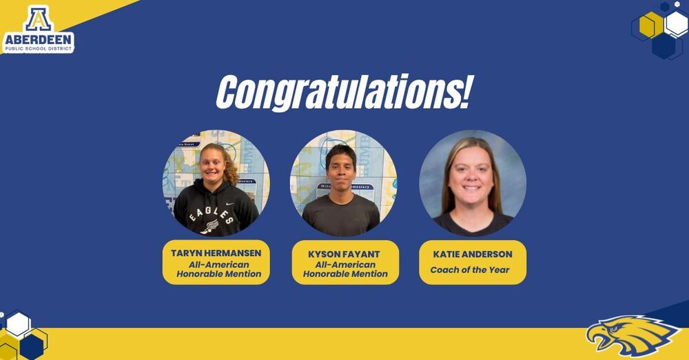 Congratulations! Taryn Hermansen, All-American Honorable Mention; Kyson Fayant, All-American Honorable Mention; Katie Anderson, Coach of the Year