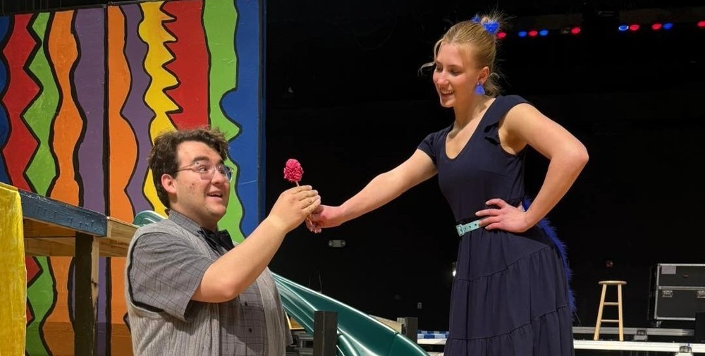 Joey Johnson and Elsa Schiferl on stage rehearsing "Seussical the Musical"