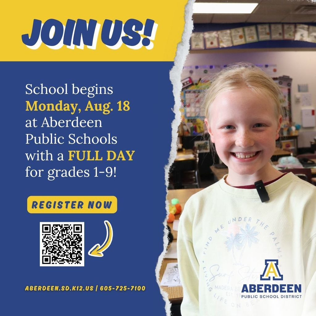 Join us! School begins Monday, Aug. 18 with a full day for grades 1-9!