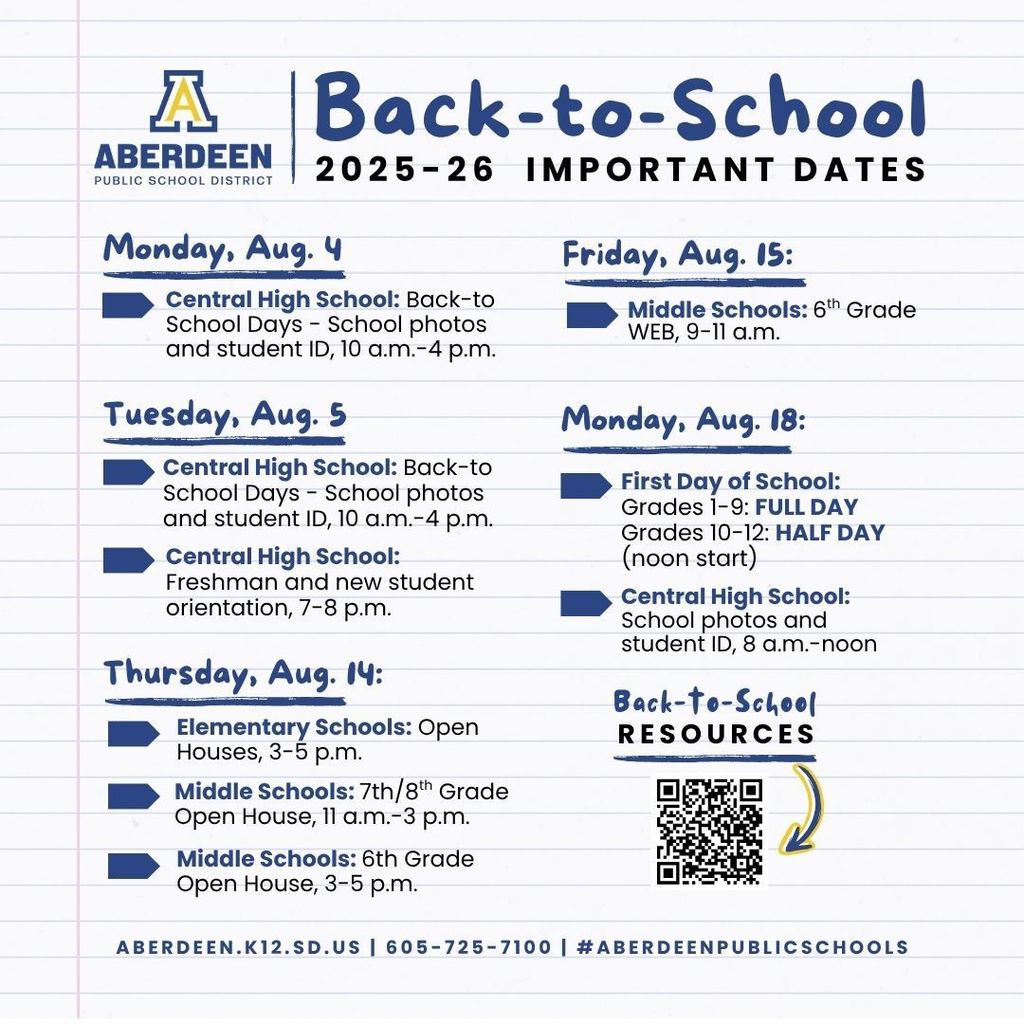 Back to School important dates including first day of school on Aug. 18 and open houses for elementary, middle schools and CHS