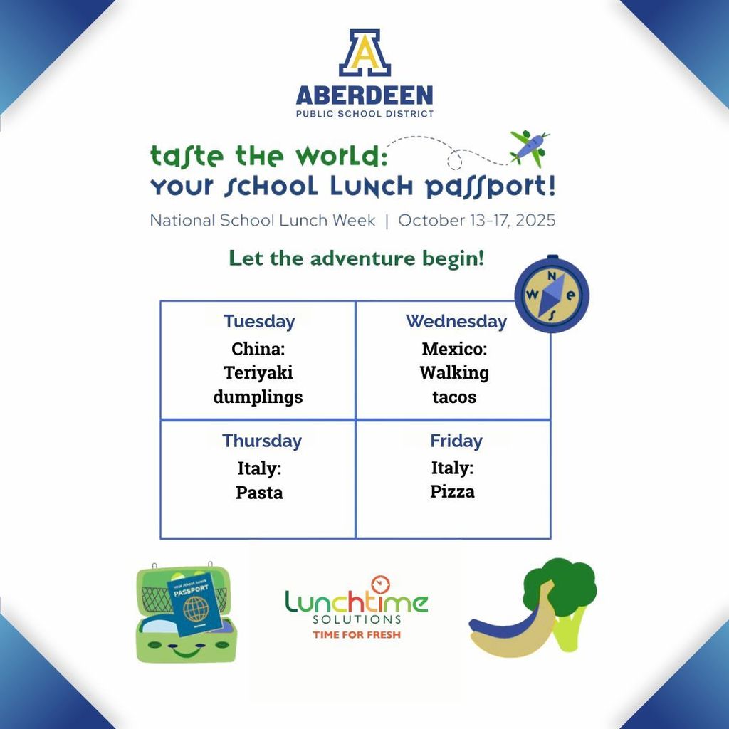 Taste the World lunch menu: Tuesday: Teriyaki dumplings (China): Wednesday: Walking tacos (Mexico); Thursday: pasta (Italy); Friday: Pizza (Italy)