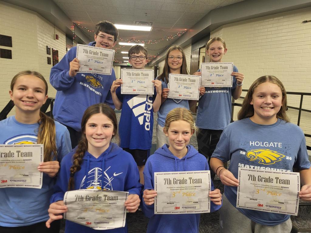 7th Grade Team Results:  Back Row (L to R) 1st Place:  Asher Judd, Ayden Moffenbier, Abigayle Barton, Ashlynn Madsen.  Front Row (L to R) 3rd Place:  Maren Biegler, Alison Jewett, Kinsley Anderson, Aubree Devine
