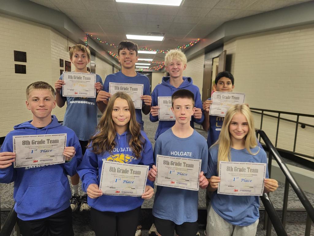 8th Grade Team Results ~ Back Row ~ 3rd Place ~ (L to R) Haydler Schiferl, Maxton Jewett, Sam Rife, Shiv Sharma.  Front Row ~ 1st Place ~ (L to R) Olund Swenson, gigi Golz, Blake Hauge, Avyn Waldo
