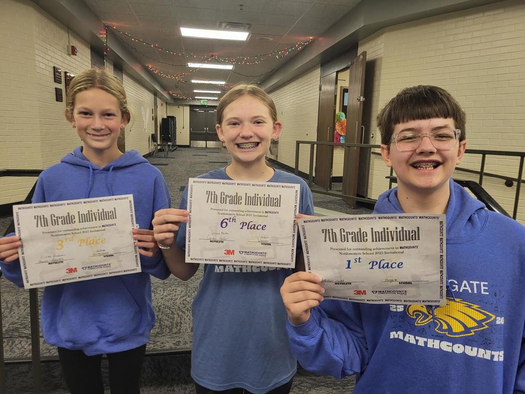 7th Grade Individual Results:  (L to R)  Kinsley Anders (3rd Place), Ashlynn Madsen (6th Place), Asher Judd (1st Place)