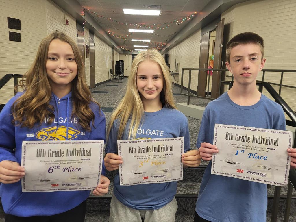 8th Grade individual Results: (L to R): Gigi Golz (6th Place ),  Avyn Waldo (3rd Place), Blake Hauge (1st Place).