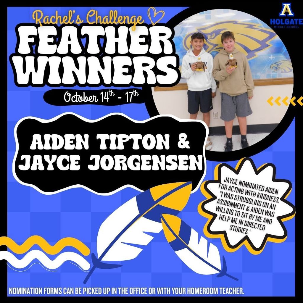 Congratulations to the Rachel's Challenge feather winners of the week! 