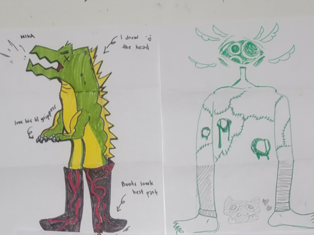 The Art Club learned about collaborative art by creating Surrealist drawings! These are called an "Exquisite Corpse"- where 3 students all add to a drawing without seeing what was drawn above, to create unique creatures!