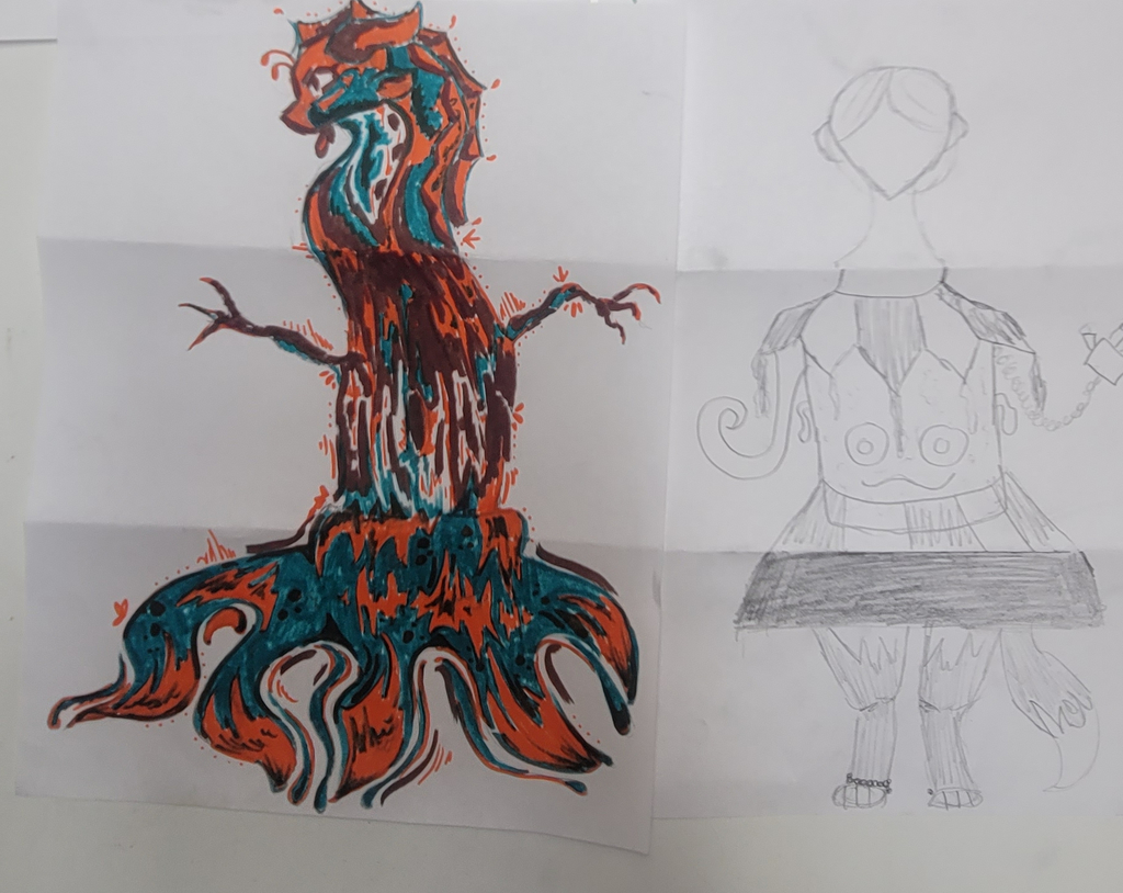 The Art Club learned about collaborative art by creating Surrealist drawings! These are called an "Exquisite Corpse"- where 3 students all add to a drawing without seeing what was drawn above, to create unique creatures!