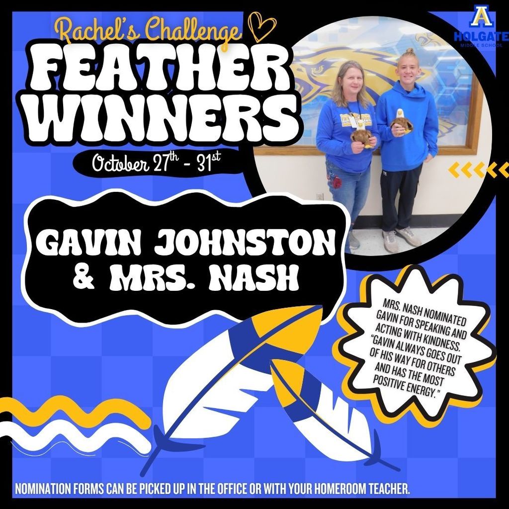 Congratulations to the Rachel's Challenge feather winners of the week! 