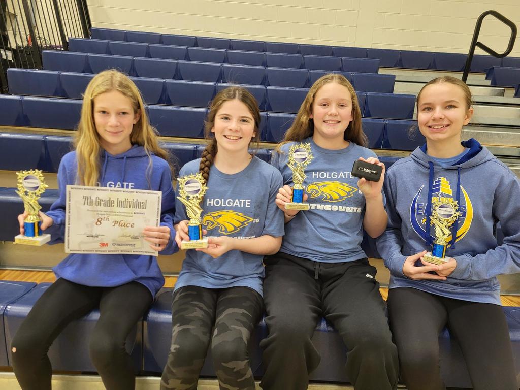 7th Grade 3rd Place Team ~ (LtoR) Kinsley Anderson ~ 9th Place Individual, Maren Biegler, Aubree DeVine, Alison Jewett.