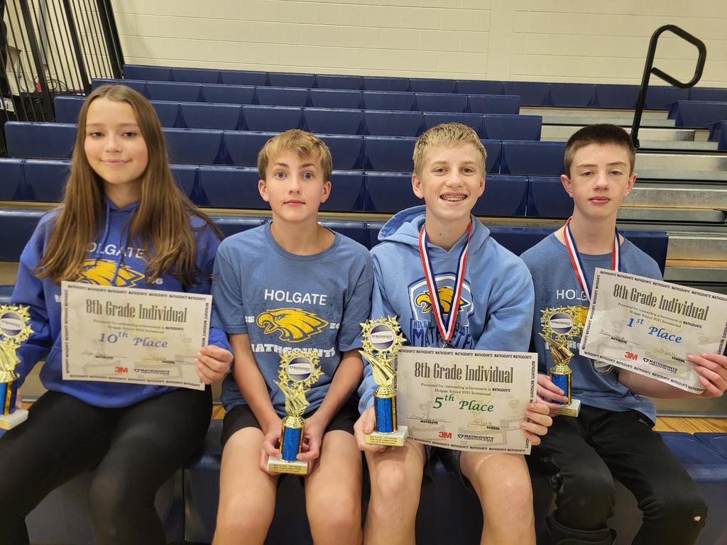8th Grade  2nd Place Team ~ (LtoR) Gigi Golz ~ 10th Place Individual, Haydler Schiferl, Olund Swenson ~ 5th Place Individual, 2nd Place Countdown, Blake Hauge ~ 1st Place Individual, 2nd Place Countdown.