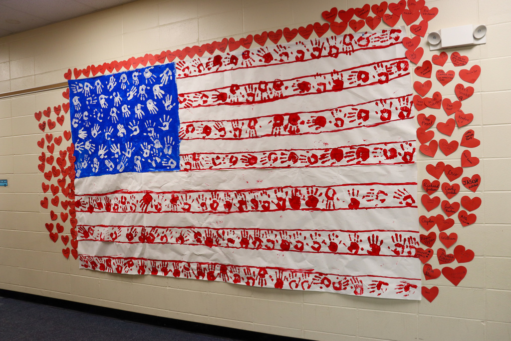 American flag of handprints at Simmons Elementary