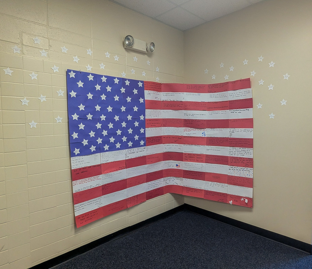 Flag with veteran names at Simmons Middle School