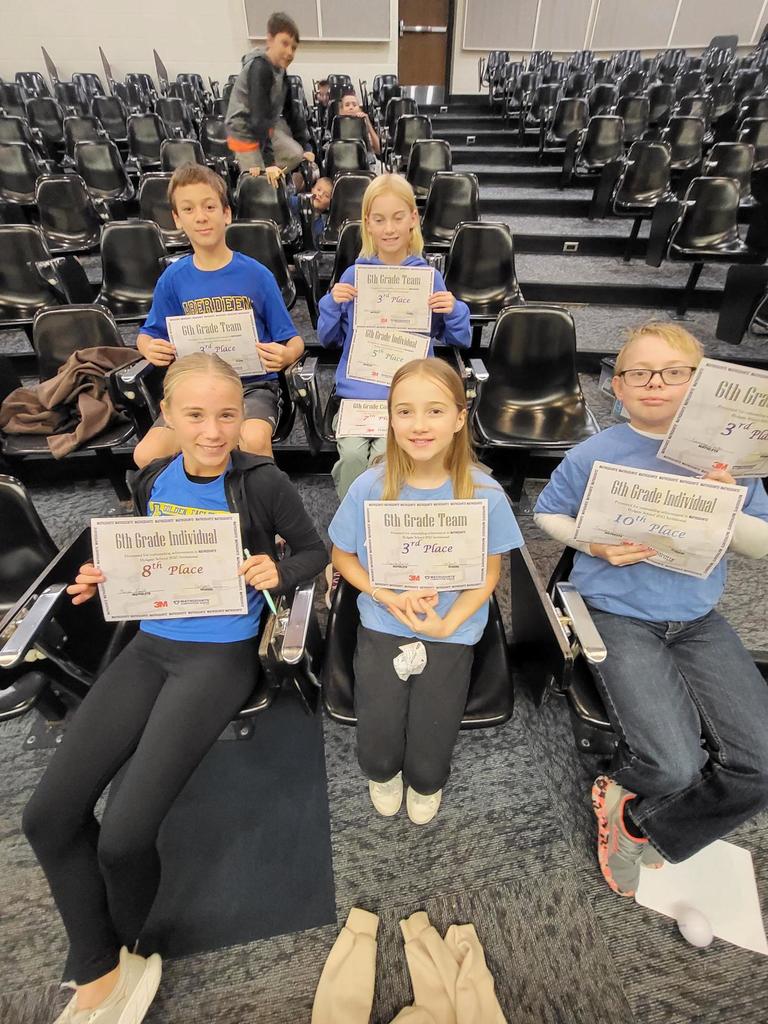 6th Grade Results ~ Back Row: (LtoR)  Porter Bindenagel ~ 3rd Place Team, Eleanor Buckhouse ~ 3rd Place Team, 5th Place Individual, 7th Place Count Down.  Front Row: (LtoR) Priya Waldo ~ 8th Place Individual, Danika Aldrich ~ 3rd Place Team, Ramsey Duven ~ 3rd Place Team, 10th Place Individual.