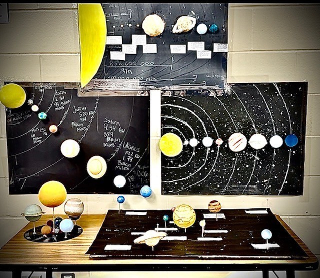 A view of student models, highlighting the range of approaches used to demonstrate scale, orbits, and comparative planetary size.