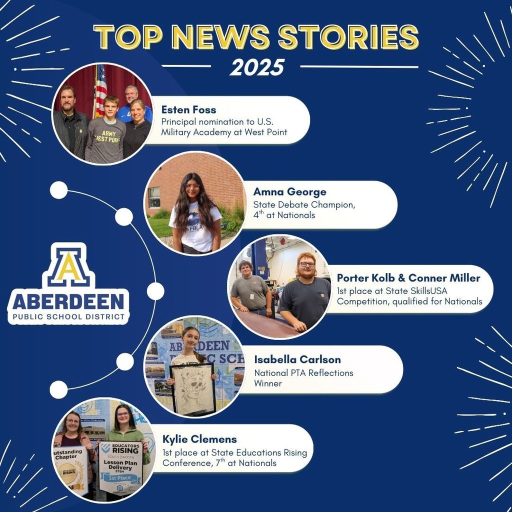 Top news stories of 2025: Esten Foss nomination to US Military Academy; Amna George 4th at Nationals, state Debate champ; Skills USA National qualifiers Porter Kolb and Conner Miller; National PTA Reflections winner Isabella Carlson; Educators Rising National qualifier Kylie Clemens