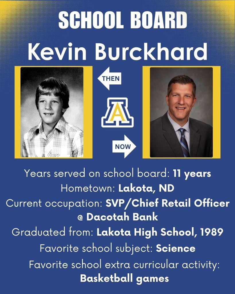 Graphic featuring School Board Member Kevin Burckhard: 11 years on board; hometown: Lakota, ND; job: SVP at Dacotah Bank; Lakota High School 1989 grad; favorite school subject (science) and activity (basketball)