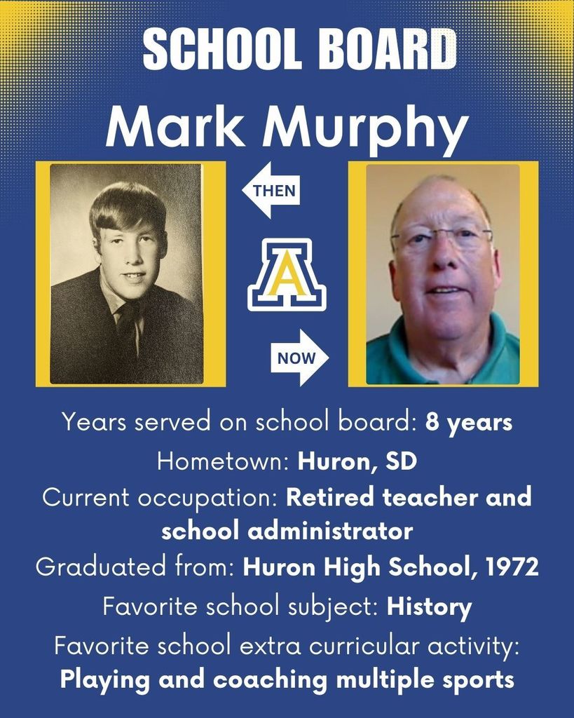 Graphic featuring School Board Member Mark Murphy: 8 years on board; hometown: Huron; job: retired teacher/admin; Huron High School 1972 grad; favorite school subject (history) and activity (playing/coaching sports)
