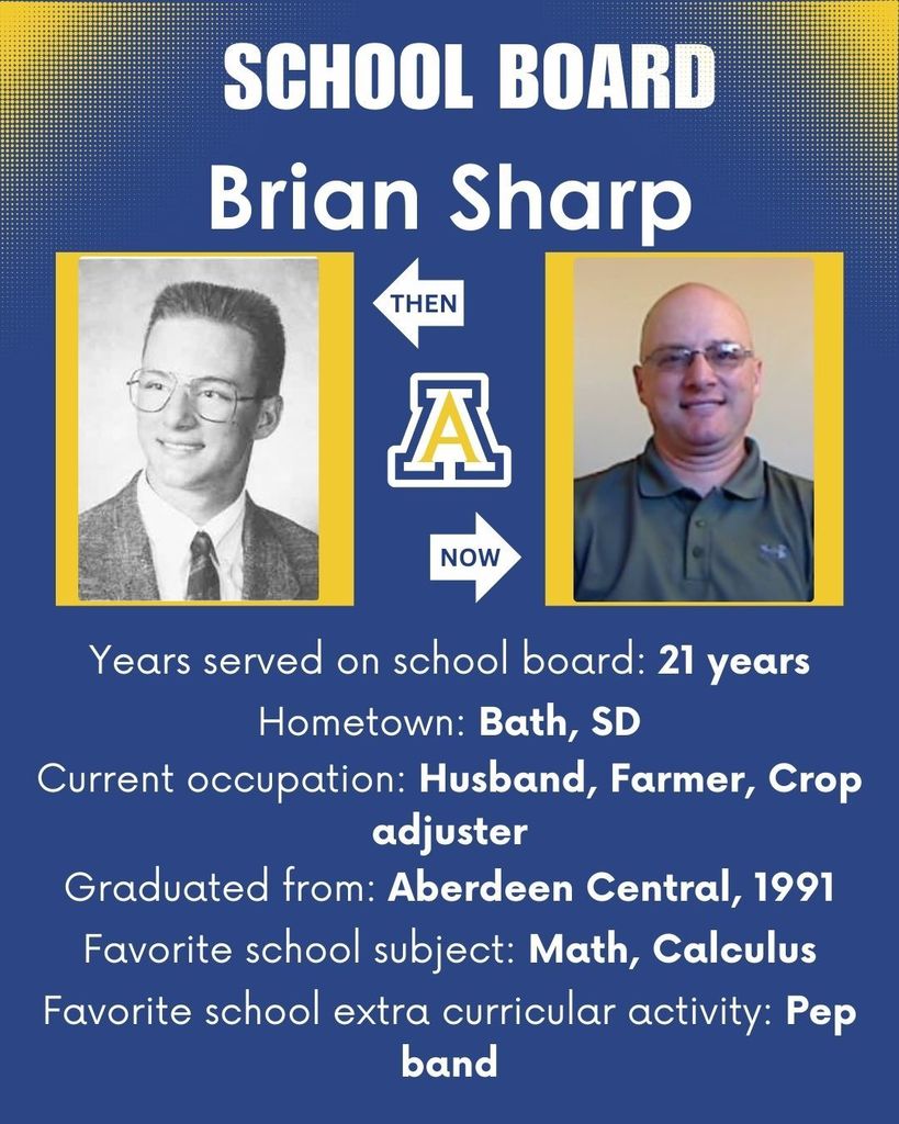 Graphic featuring School Board Member Brian Sharp: 21 years on board; hometown: Bath; job: husband, farmer, crop adjuster; CHS 1991 grad; favorite school subject (math, calculus) and activity (pep band)