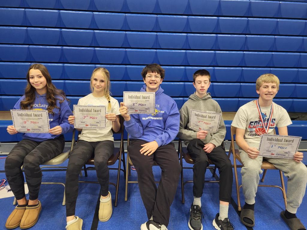 Individual winners were:   Gigi Golz 9th place, Avyn Waldo 7th place, Asher Judd 3rd place, Blake Hauge 2nd place, Olund Swenson 1st place .