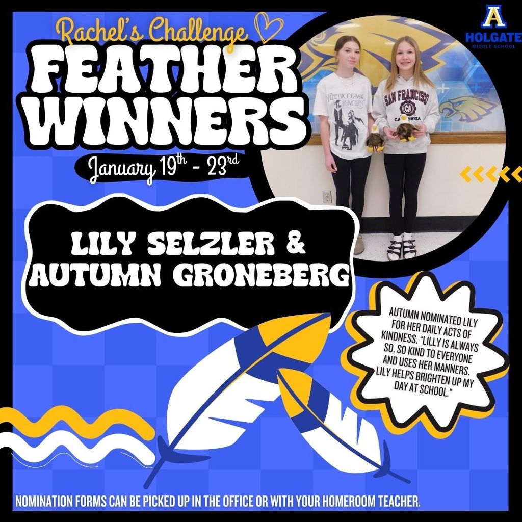 Congratulations to the Rachel's Challenge feather winners of the week! 