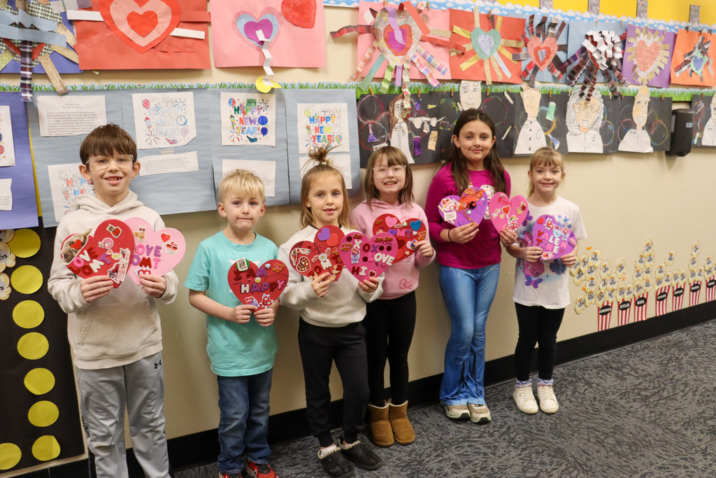 O.M. Tiffany students with the valentines they made for nursing home residents