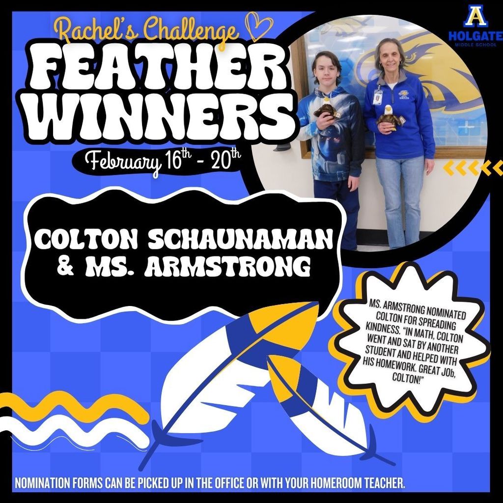 Congratulations to the Rachel's Challenge feather winners of the week! 